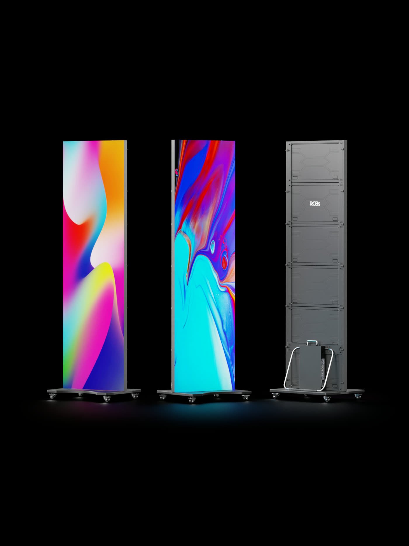 Totems LED mobiles sur pied diffusant des visuels colorés