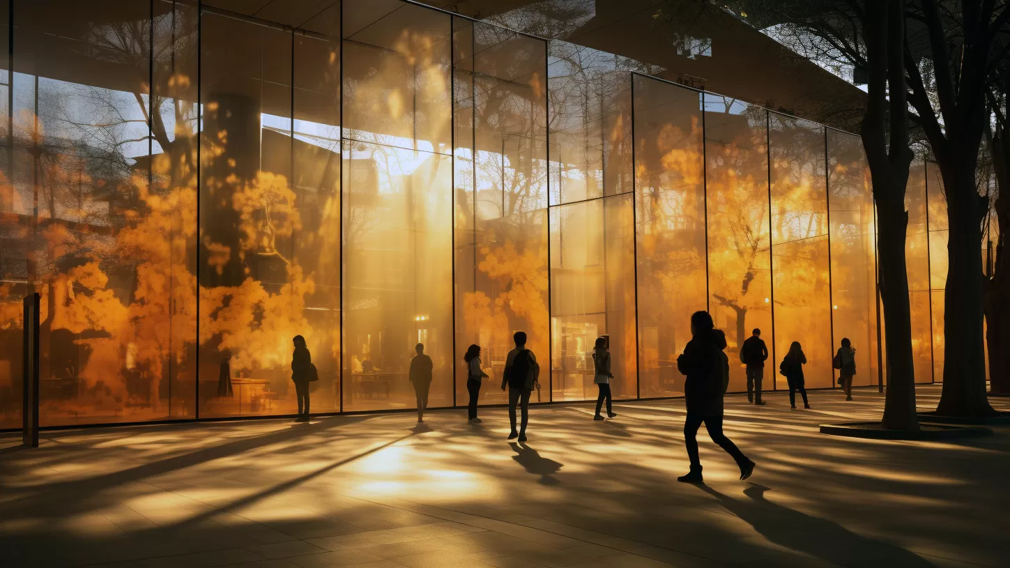 Façade vitrée équipée d'écrans LED transparents au coucher du soleil